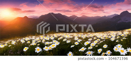 Vector illustration white chamomile flowers and grass on hills, against Vector illustration white chamomile flowers and grass on hills, against 104671396