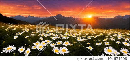 Vector illustration white chamomile flowers and grass on hills, against Vector illustration white chamomile flowers and grass on hills, against 104671398