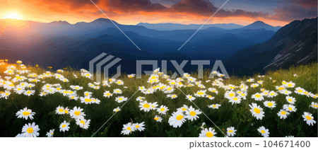 Vector illustration white chamomile flowers and grass on hills, against Vector illustration white chamomile flowers and grass on hills, against 104671400