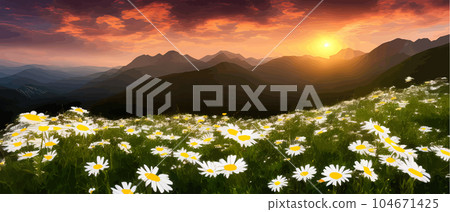 Vector illustration white chamomile flowers and grass on hills, against Vector illustration white chamomile flowers and grass on hills, against 104671425