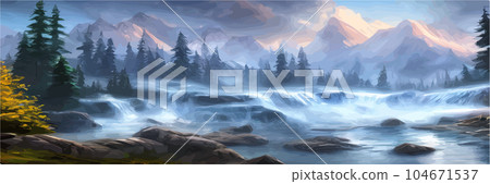 Mountain landscape with stormy river with forest vector illustration. Cartoon flat countryside 104671537