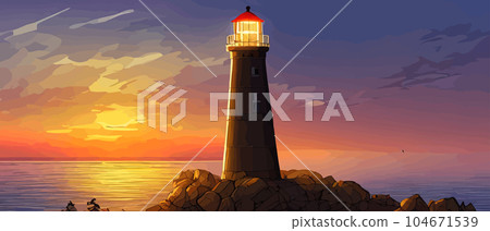 Lighthouse by sea. Tall building on hill and beautiful scenery. 104671539