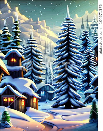 Merry Christmas and Happy New Year. Winter forest, city street with houses 104671576