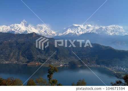 Pokhara, Nepal in South Asia Himalaya Machapuchare, Annapurna Mountain Range and Fewa Lake from Nihonsan Myohoji Temple 104671594