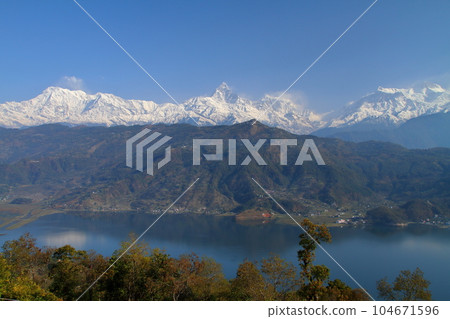 Pokhara, Nepal in South Asia Himalaya Machapuchare, Annapurna Mountain Range and Fewa Lake from Nihonsan Myohoji Temple 104671596