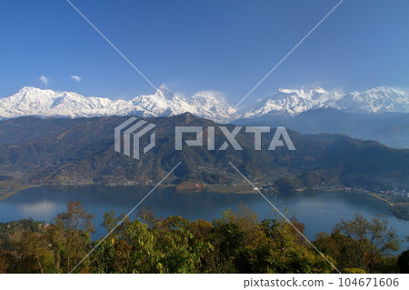 Pokhara, Nepal in South Asia Himalaya Machapuchare, Annapurna Mountain Range and Fewa Lake from Nihonsan Myohoji Temple 104671606