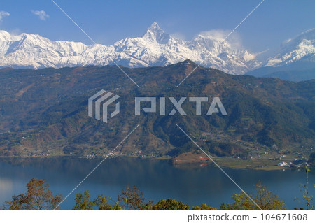 Pokhara, Nepal in South Asia Himalaya Machapuchare, Annapurna Mountain Range and Fewa Lake from Nihonsan Myohoji Temple 104671608
