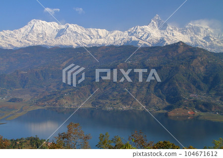 Pokhara, Nepal in South Asia Himalaya Machapuchare, Annapurna Mountain Range and Fewa Lake from Nihonsan Myohoji Temple 104671612