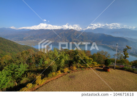 Pokhara, Nepal in South Asia Himalaya Machapuchare, Annapurna Mountain Range and Fewa Lake from Nihonsan Myohoji Temple Pokhara, Nepal in South Asia Himalaya Machapuchare, Annapurna Mountain Range and Fewa Lake from Nihonsan Myohoji Temple 104671618