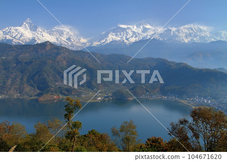 Pokhara, Nepal in South Asia Himalaya Machapuchare, Annapurna Mountain Range and Fewa Lake from Nihonsan Myohoji Temple 104671620