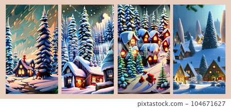 Nice winter landscape. Fabulous Lovely houses with warm light in the windows 104671627