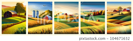 Agriculture, nature farming. Harvest, field, trees empty vector illustration set five vertical posters. Farms poster. Agriculture, nature farming. Harvest, field, trees empty vector illustration set five vertical posters. Farms poster. 104671632