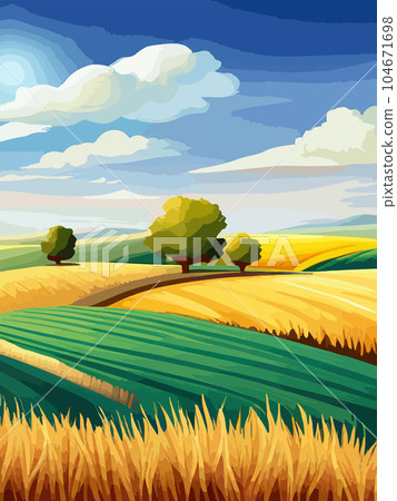 Agriculture, nature and farming. Harvest, field, trees and blank vertical poster vector illustration. Farms for poster 104671698