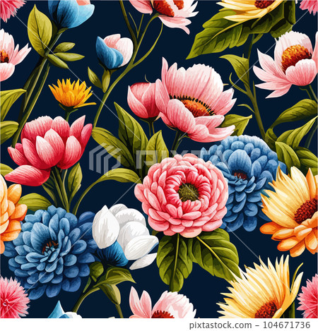 Colorful flower and leaf pattern. Vector illustration. Dark background. Perfect 104671736