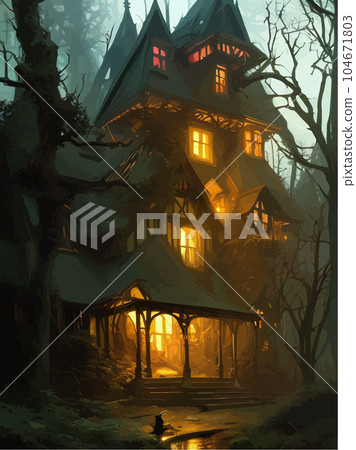 Creepy haunted house with weathered, vintage look for Halloween and other 104671803