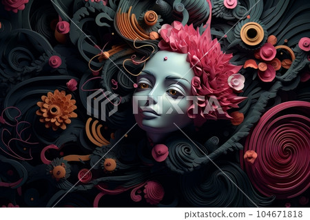 Surreal cyber doll with black hair and bright colored 3D elements AI Surreal cyber doll with black hair and bright colored 3D elements AI 104671818