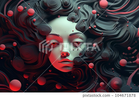 Gothic realistic doll with sculpted black hair and red highlights AI 104671878