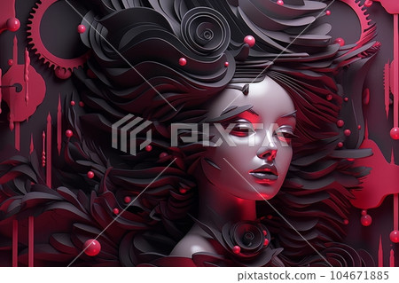 Gothic realistic doll with sculpted black hair and red highlights AI Gothic realistic doll with sculpted black hair and red highlights AI 104671885
