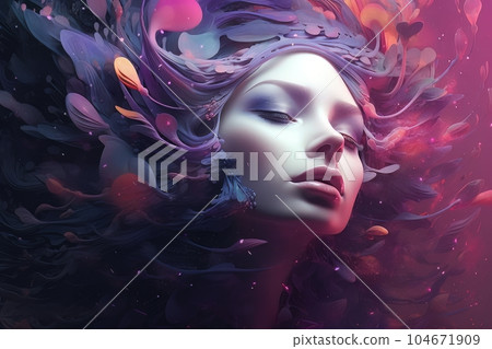 Abstract woman flower goddess with plants instead of hair, cyberpunk doll AI 104671909