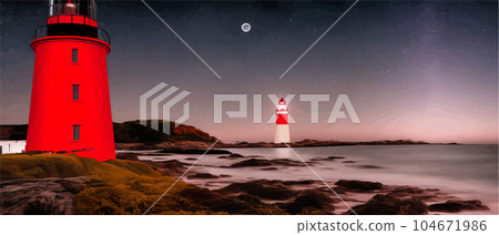 Red with white Lighthouse on sea shore at night in summer. Landscape view 104671986