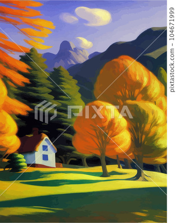 Autumn landscape with rural houses, hills and forests. Sunny day in countryside 104671999