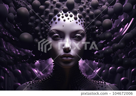 Abstract woman with polygonal wave and spheres hair, glamor cyberpunk AI 104672006