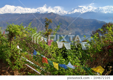 Pokhara, Nepal in South Asia Himalaya Machapuchare, Annapurna Mountains and Thalcho from Nihonsan Myohoji Temple 104672105