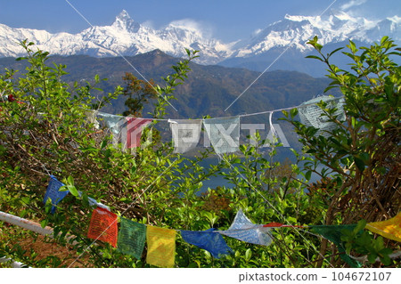Pokhara, Nepal in South Asia Himalaya Machapuchare, Annapurna Mountains and Thalcho from Nihonsan Myohoji Temple 104672107