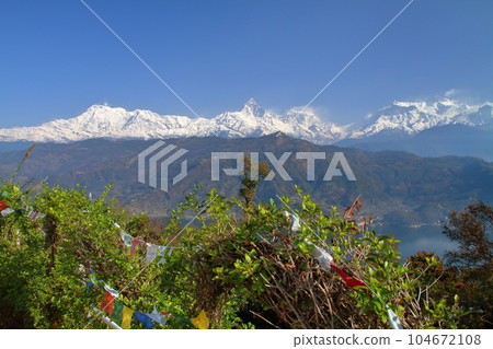 Pokhara, Nepal in South Asia Himalaya Machapuchare, Annapurna Mountains and Thalcho from Nihonsan Myohoji Temple 104672108