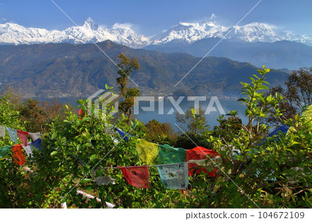 Pokhara, Nepal in South Asia Himalaya Machapuchare, Annapurna Mountains and Thalcho from Nihonsan Myohoji Temple 104672109