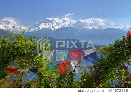 Pokhara, Nepal in South Asia Annapurna Mountains, Thalcho and Fewa Lake in the Himalayas from Mt. Nihonsan Myohoji Temple 104672216