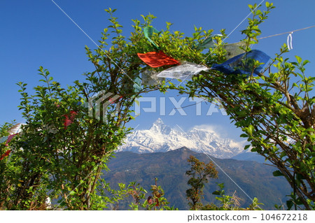 Pokhara, Nepal in South Asia Himalaya Machapuchare, Annapurna Mountains and Thalcho from Nihonsan Myohoji Temple 104672218