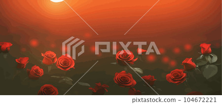 Drawing field red rose flowers and blurred background view dark mysterious 104672221