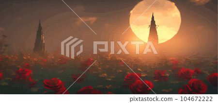 Drawing field red rose flowers and blurred background view dark mysterious Drawing field red rose flowers and blurred background view dark mysterious 104672222