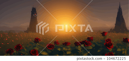 Drawing field red rose flowers and blurred background view dark mysterious 104672225