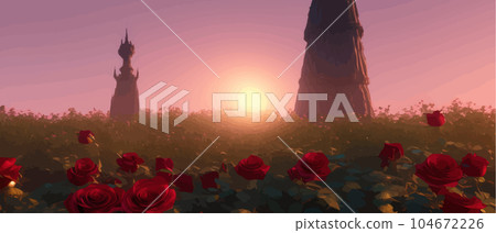 Drawing field red rose flowers and blurred background view dark mysterious Drawing field red rose flowers and blurred background view dark mysterious 104672226
