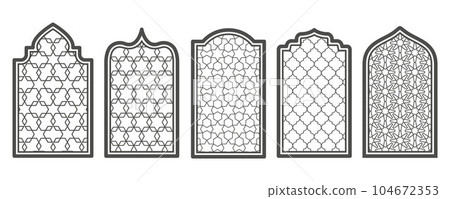 Ramadan window and door with pattern. Arabic arch vector shape in mosque. Arabesque arch frame with ornament. 104672353