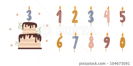 Birthday numbers candles with burning flames. Cute boho elements for celebration. Chocolate cake for anniversary. Vector illustration in flat cartoon style 104673091