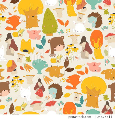 Seamless Pattern with Cartoon Woodland Animals and Trees 104673511