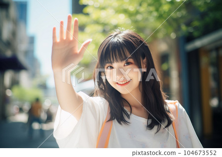 A woman waving with a smile (AI generated) 104673552