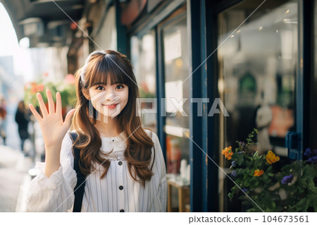 A woman waving with a smile (AI generated) 104673561