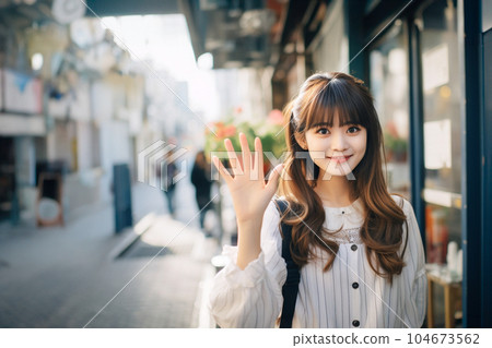 A woman waving with a smile (AI generated) 104673562