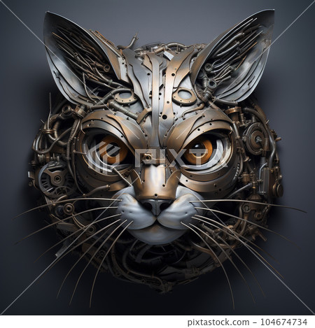 Image of cat face made with steel and various metals on clean background. Pet, Animals. Illustration, Generative AI. Image of cat face made with steel and various metals on clean background. Pet, Animals. Illustration, Generative AI. 104674734