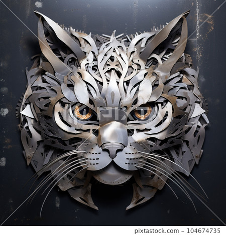 Image of cat face made with steel and various metals on clean background. Pet, Animals. Illustration, Generative AI. Image of cat face made with steel and various metals on clean background. Pet, Animals. Illustration, Generative AI. 104674735