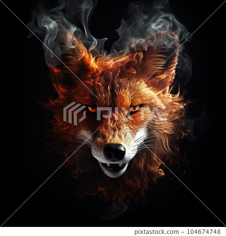 Image of an angry fox face with fire smoke on black background. Wildlife Animals. Illustration, Generative AI. 104674748