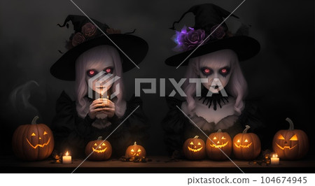 Illustration of Halloween pumpkins and candles and ghosts Illustration of Halloween pumpkins and candles and ghosts 104674945