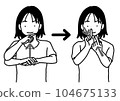 A young woman who speaks "Nice to meet you" in sign language (bob hair, T-shirt, front view, black and white) 104675133