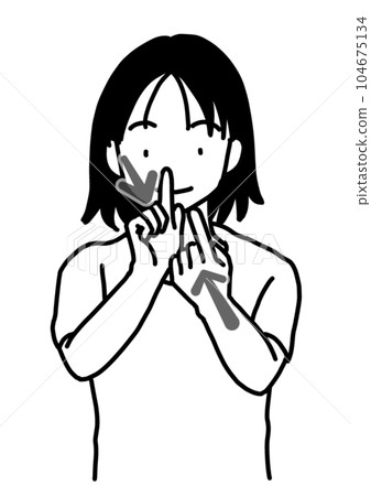 年輕女子 2 用手語說“很高興見到你”(短髮、T 卹、正面圖、黑白) 年輕女子 2 用手語說“很高興見到你”(短髮、T 卹、正面圖、黑白) 104675134