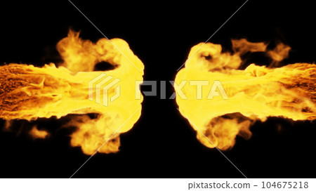 Tongues of flame from two sides on a black background. 3d illustration. Tongues of flame from two sides on a black background. 3d illustration. 104675218