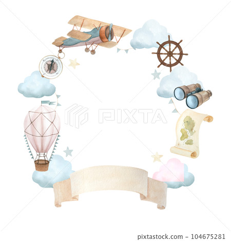Watercolor illustration of wreath with flying vehicles and travel attributes. Airship, retro plane, hot air balloon, binoculars, steering wheel, clouds, compass, map, vintage paper 104675281